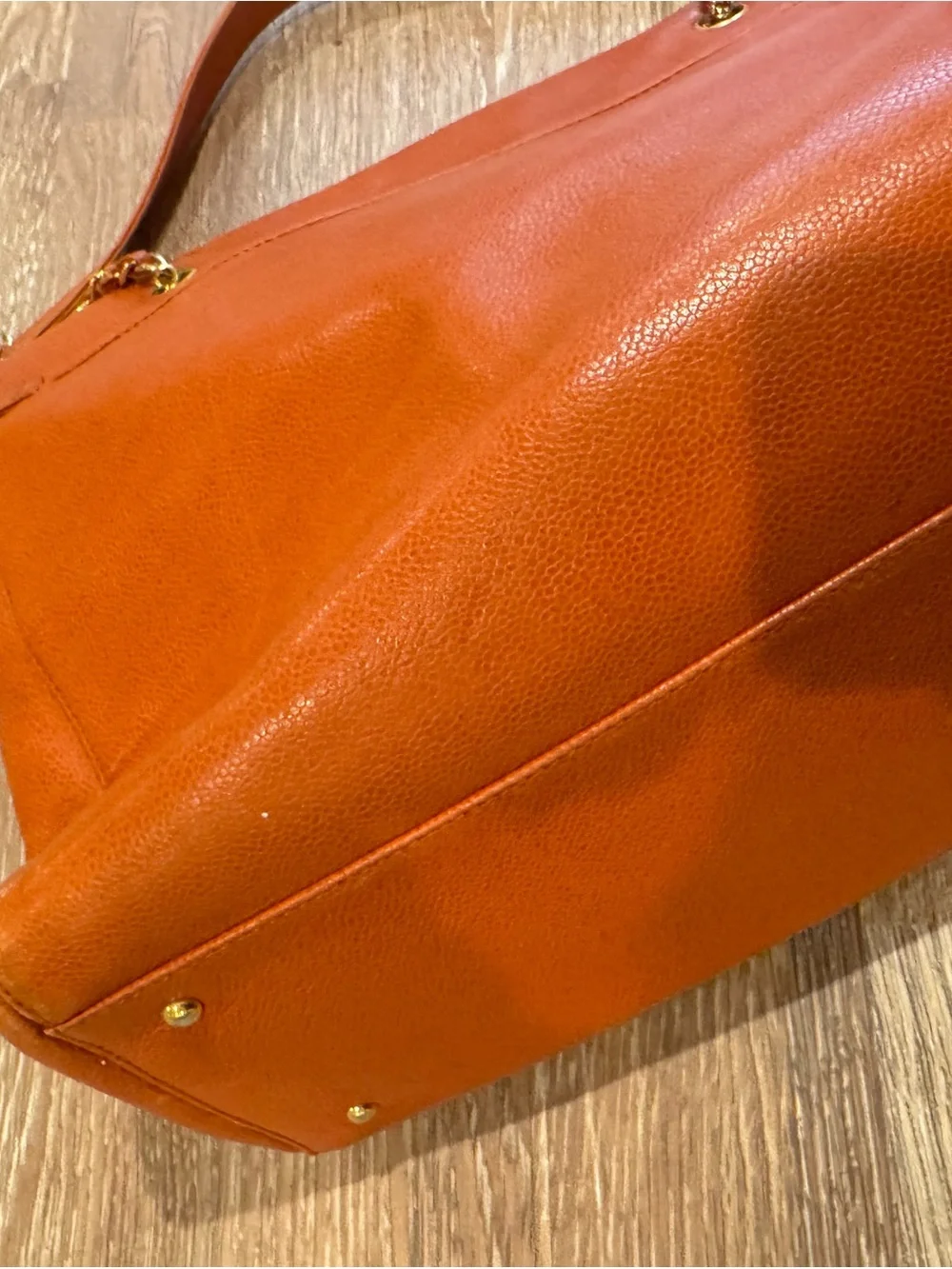 CHANEL Orange Leather Double-C Tote with Gold Chain Straps